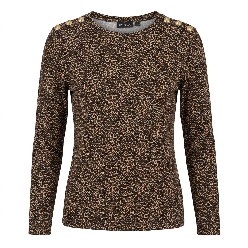 Rafaella Leopard Print Top Womens XS‎ Brown Gold Shoulder Button Long Sleeve